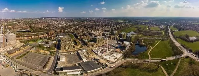 Framed Print : Aerial drone panoramic image of Kidbrooke Village, London, UK Framed Print : Aerial drone panoramic image of Kidbrooke Village, London, UK