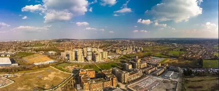 Framed Print : Aerial drone panoramic image of Kidbrooke Village, London, UK Framed Print : Aerial drone panoramic image of Kidbrooke Village, London, UK