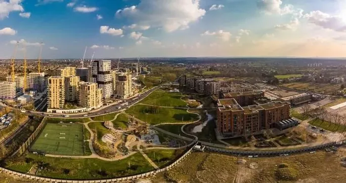 Framed Print : Aerial drone panoramic image of Kidbrooke Village, London, UK Framed Print : Aerial drone panoramic image of Kidbrooke Village, London, UK