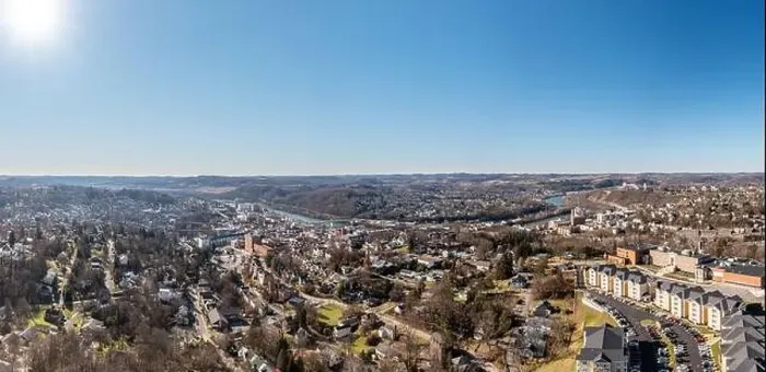 Framed Print : Aerial drone panoramic shot of the downtown area of Morgantown with the WVU campus in the early winter