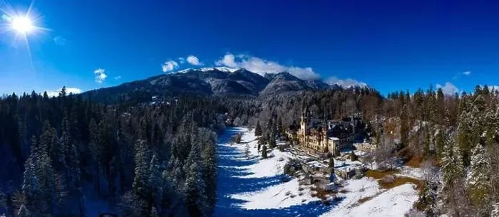 Framed Print : Aerial drone panoramic view of a beautiful Peles castle in Sinaia in the winter season, Transylvania, Romania Framed Print : Aerial drone panoramic view of a beautiful Peles castle in Sinaia in the winter season, Transylvania, Romania