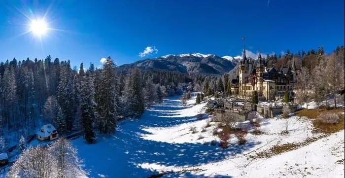 Framed Print : Aerial drone panoramic view of a beautiful Peles castle in Sinaia in the winter season, Transylvania, Romania Framed Print : Aerial drone panoramic view of a beautiful Peles castle in Sinaia in the winter season, Transylvania, Romania