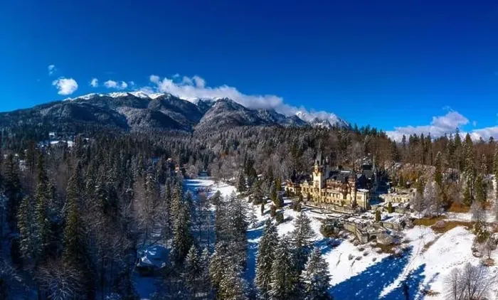Framed Print : Aerial drone panoramic view of a beautiful Peles castle in Sinaia in the winter season, Transylvania, Romania Framed Print : Aerial drone panoramic view of a beautiful Peles castle in Sinaia in the winter season, Transylvania, Romania
