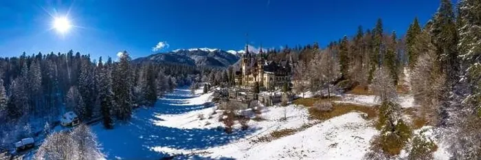 Framed Print : Aerial drone panoramic view of a beautiful Peles castle in Sinaia in the winter season, Transylvania, Romania Framed Print : Aerial drone panoramic view of a beautiful Peles castle in Sinaia in the winter season, Transylvania, Romania