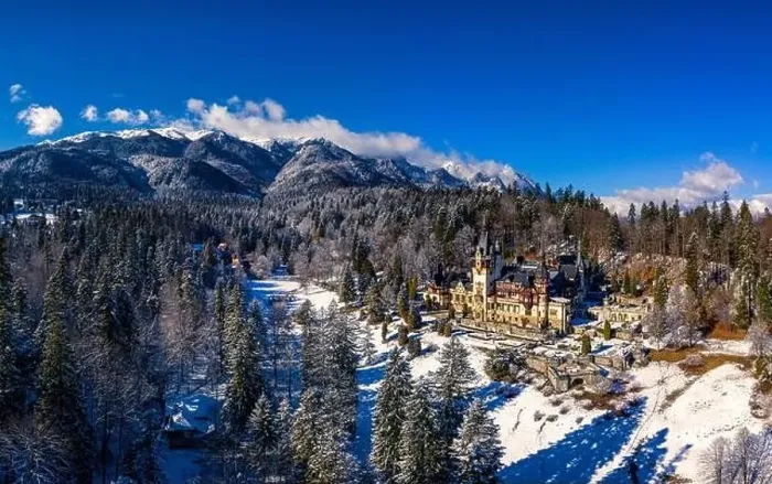 Framed Print : Aerial drone panoramic view of a beautiful Peles castle in Sinaia in the winter season, Transylvania, Romania Framed Print : Aerial drone panoramic view of a beautiful Peles castle in Sinaia in the winter season, Transylvania, Romania