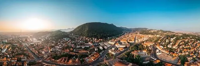 Framed Print : Aerial drone panoramic view of Brasov at sunrise Framed Print : Aerial drone panoramic view of Brasov at sunrise