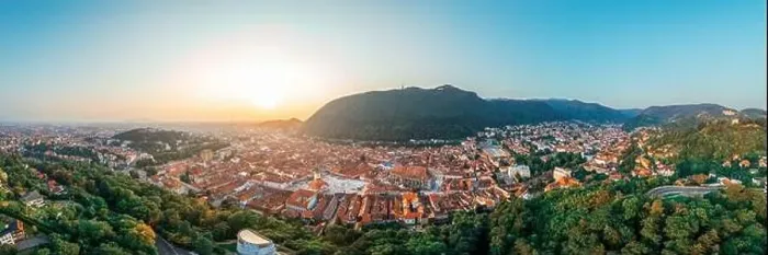Framed Print : Aerial drone panoramic view of Brasov at sunrise Framed Print : Aerial drone panoramic view of Brasov at sunrise