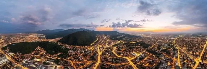 Framed Print : Aerial drone panoramic view of Brasov at sunset Framed Print : Aerial drone panoramic view of Brasov at sunset