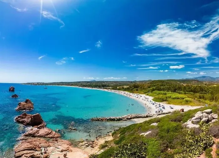 Framed Print : Aerial drone panoramic view of the Cea beach with the Red Rocks, Sardinia, Italy Framed Print : Aerial drone panoramic view of the Cea beach with the Red Rocks, Sardinia, Italy