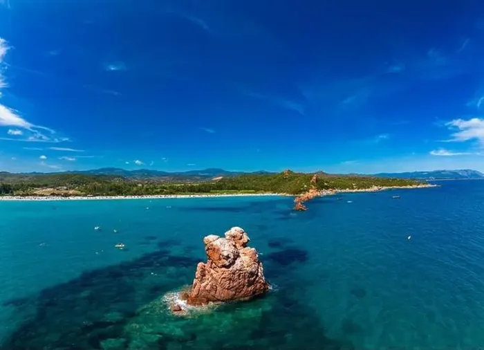 Framed Print : Aerial drone panoramic view of the Cea beach with the Red Rocks, Sardinia, Italy Framed Print : Aerial drone panoramic view of the Cea beach with the Red Rocks, Sardinia, Italy
