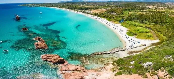 Framed Print : Aerial drone panoramic view of the Cea beach with the Red Rocks, Sardinia, Italy Framed Print : Aerial drone panoramic view of the Cea beach with the Red Rocks, Sardinia, Italy