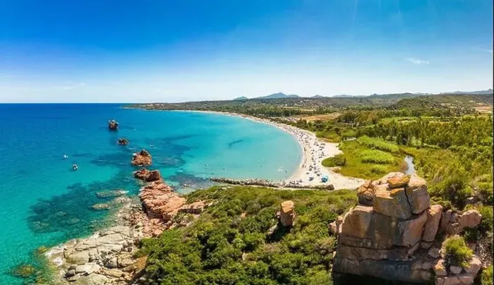 Framed Print : Aerial drone panoramic view of the Cea beach with the Red Rocks, Sardinia, Italy Framed Print : Aerial drone panoramic view of the Cea beach with the Red Rocks, Sardinia, Italy
