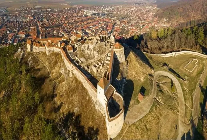 Framed Print : Aerial drone panoramic view of Historical fortress in Risnov or Rasnov. Romania
