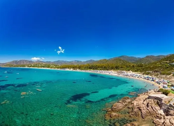 Framed Print : Aerial drone panoramic view of Kal'e Moru beach in Geremeas, Sardinia