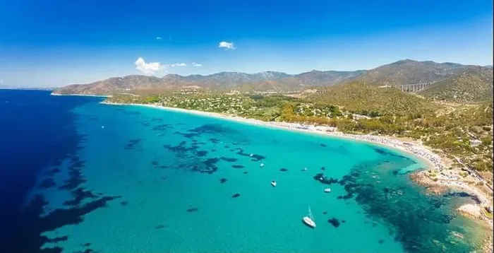 Framed Print : Aerial drone panoramic view of Kal'e Moru beach in Geremeas, Sardinia