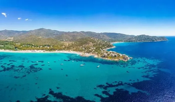 Framed Print : Aerial drone panoramic view of Kal'e Moru beach in Geremeas, Sardinia