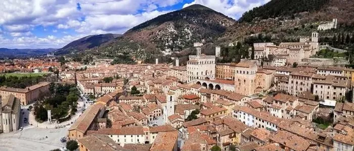Framed Print : Aerial drone panoramic view of medieval town Gubbio in Umbria Framed Print : Aerial drone panoramic view of medieval town Gubbio in Umbria
