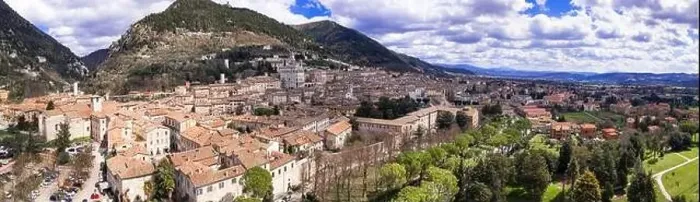 Framed Print : Aerial drone panoramic view of medieval town Gubbio in Umbria Framed Print : Aerial drone panoramic view of medieval town Gubbio in Umbria