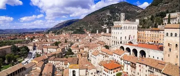 Framed Print : Aerial drone panoramic view of medieval town Gubbio in Umbria Framed Print : Aerial drone panoramic view of medieval town Gubbio in Umbria