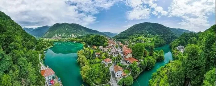 Framed Print : Aerial Drone Panoramic View Over Most na Soci in Slovenia Framed Print : Aerial Drone Panoramic View Over Most na Soci in Slovenia