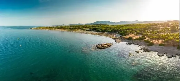Framed Print : Aerial drone panoramic view of Porto Tramatzu beach and the town, Sardinia, Italy Framed Print : Aerial drone panoramic view of Porto Tramatzu beach and the town, Sardinia, Italy
