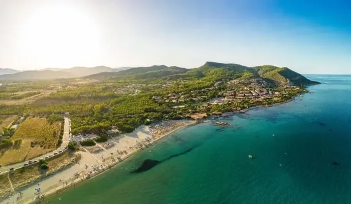 Framed Print : Aerial drone panoramic view of Porto Tramatzu beach and the town, Sardinia, Italy Framed Print : Aerial drone panoramic view of Porto Tramatzu beach and the town, Sardinia, Italy