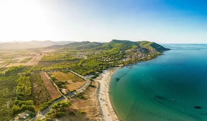 Framed Print : Aerial drone panoramic view of Porto Tramatzu beach and the town, Sardinia, Italy Framed Print : Aerial drone panoramic view of Porto Tramatzu beach and the town, Sardinia, Italy