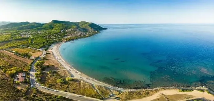 Framed Print : Aerial drone panoramic view of Porto Tramatzu beach and the town, Sardinia, Italy Framed Print : Aerial drone panoramic view of Porto Tramatzu beach and the town, Sardinia, Italy