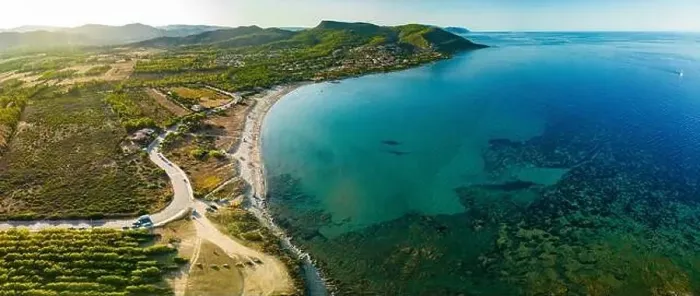 Framed Print : Aerial drone panoramic view of Porto Tramatzu beach and the town, Sardinia, Italy Framed Print : Aerial drone panoramic view of Porto Tramatzu beach and the town, Sardinia, Italy