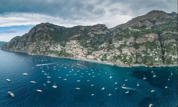 Framed Print : Aerial drone panoramic view of Positano village beach in Amalfi coast Framed Print : Aerial drone panoramic view of Positano village beach in Amalfi coast