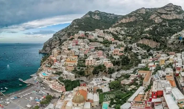 Framed Print : Aerial drone panoramic view of Positano village beach in Amalfi coast Framed Print : Aerial drone panoramic view of Positano village beach in Amalfi coast