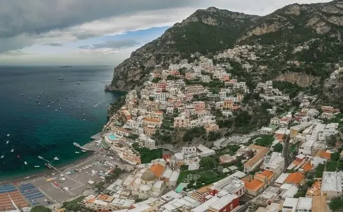 Framed Print : Aerial drone panoramic view of Positano village beach in Amalfi coast