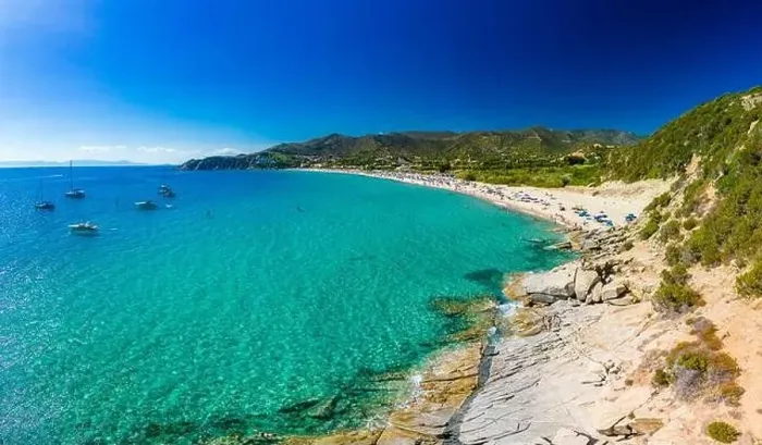 Framed Print : Aerial drone panoramic view of the Solanas beach in the province Sinnai in Sardinia, Italy Framed Print : Aerial drone panoramic view of the Solanas beach in the province Sinnai in Sardinia, Italy