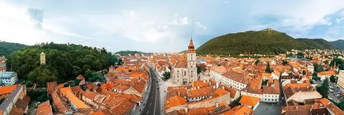 Framed Print : Aerial drone panoramic view of the The Black Church in old Brasov centre Framed Print : Aerial drone panoramic view of the The Black Church in old Brasov centre