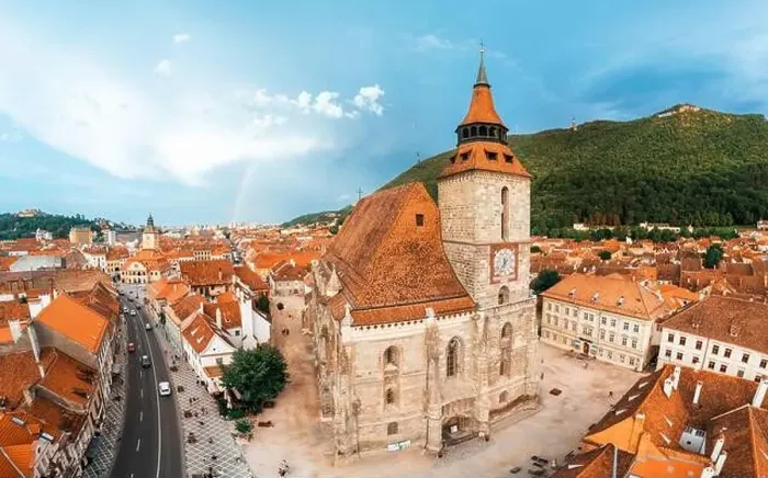 Framed Print : Aerial drone panoramic view of the The Black Church in old Brasov centre Framed Print : Aerial drone panoramic view of the The Black Church in old Brasov centre