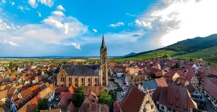 Framed Print : Aerial drone panoramic view of village Dambach-la-Ville in Alsace Framed Print : Aerial drone panoramic view of village Dambach-la-Ville in Alsace