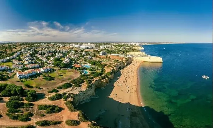 Framed Print : Aerial drone panoramic views of Praia Nova and Praia de Nossa beach, Algarve, Portugal Framed Print : Aerial drone panoramic views of Praia Nova and Praia de Nossa beach, Algarve, Portugal