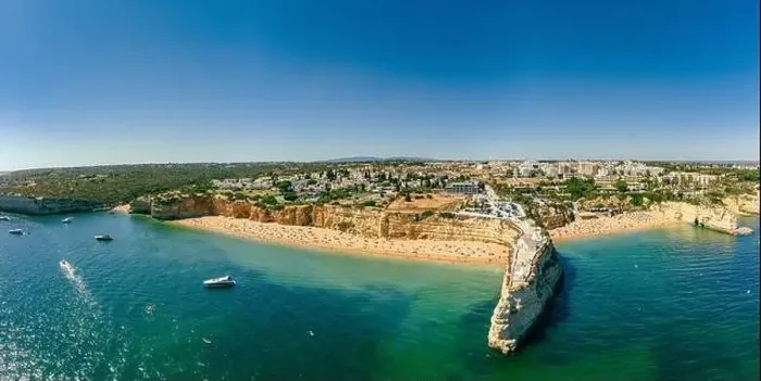 Framed Print : Aerial drone panoramic views of Praia Nova and Praia de Nossa beach, Algarve, Portugal Framed Print : Aerial drone panoramic views of Praia Nova and Praia de Nossa beach, Algarve, Portugal