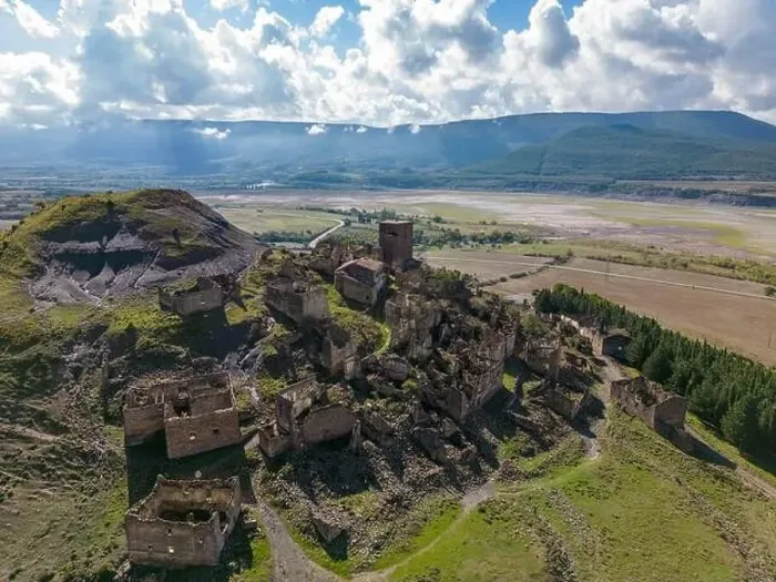 Framed Print : Aerial drone photo of the abandoned ghost town named Esco. Esco is located next to lake Aragon in Northern Spain Framed Print : Aerial drone photo of the abandoned ghost town named Esco. Esco is located next to lake Aragon in Northern Spain
