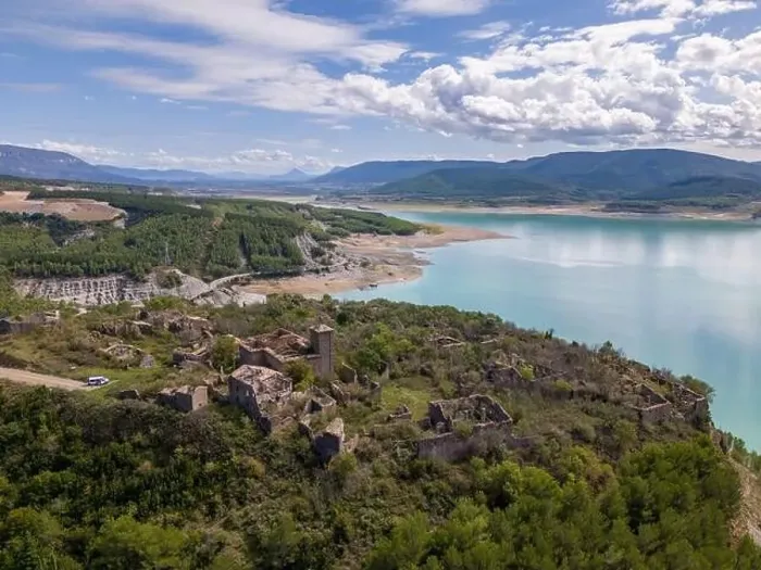 Framed Print : Aerial drone photo of the abandoned ghost town named Tiermas, next to lake Aragon in Northern Spain Framed Print : Aerial drone photo of the abandoned ghost town named Tiermas, next to lake Aragon in Northern Spain