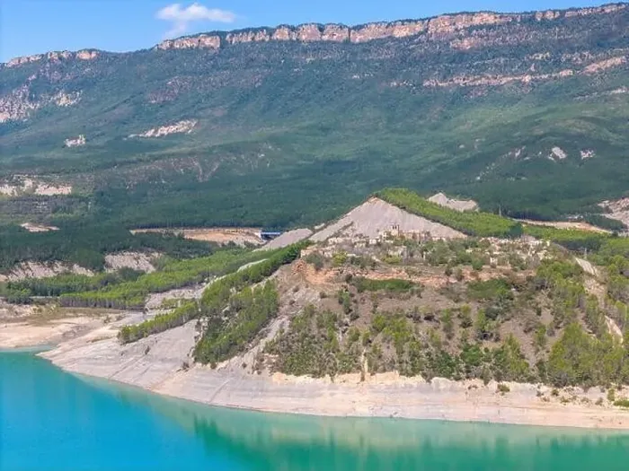 Framed Print : Aerial drone photo of the abandoned ghost town named Tiermas, next to lake Aragon in Northern Spain Framed Print : Aerial drone photo of the abandoned ghost town named Tiermas, next to lake Aragon in Northern Spain