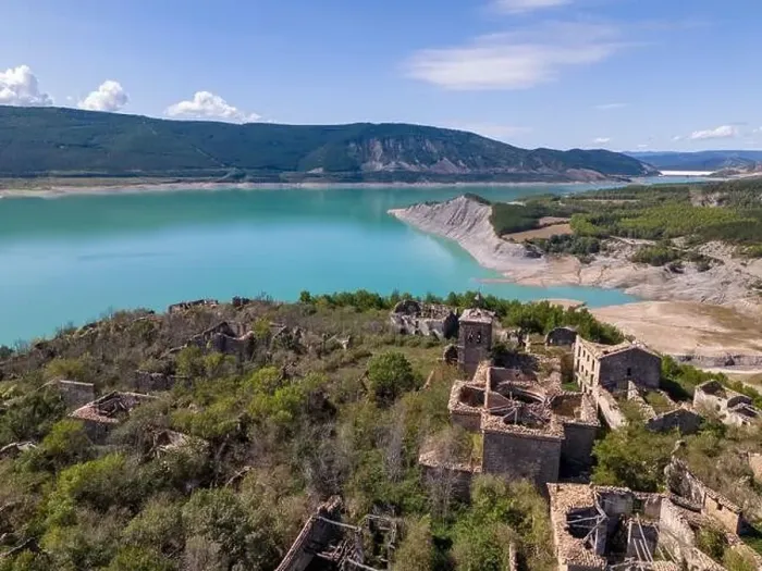 Framed Print : Aerial drone photo of the abandoned ghost town named Tiermas, next to lake Aragon in Northern Spain Framed Print : Aerial drone photo of the abandoned ghost town named Tiermas, next to lake Aragon in Northern Spain
