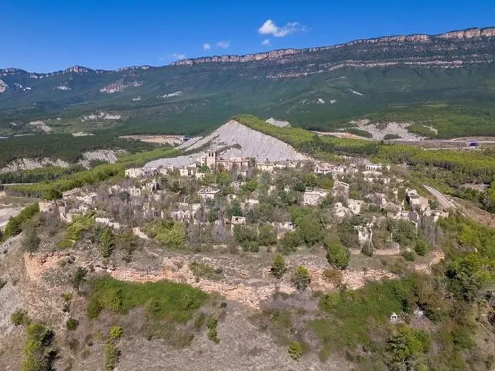 Framed Print : Aerial drone photo of the abandoned ghost town named Tiermas, next to lake Aragon in Northern Spain Framed Print : Aerial drone photo of the abandoned ghost town named Tiermas, next to lake Aragon in Northern Spain