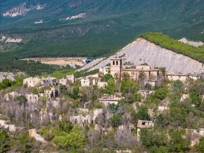 Framed Print : Aerial drone photo of the abandoned ghost town named Tiermas, next to lake Aragon in Northern Spain Framed Print : Aerial drone photo of the abandoned ghost town named Tiermas, next to lake Aragon in Northern Spain