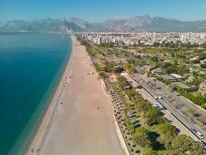 Framed Print : Aerial drone photo of Antalya Konyaalti beach and cliffs. Selective focus