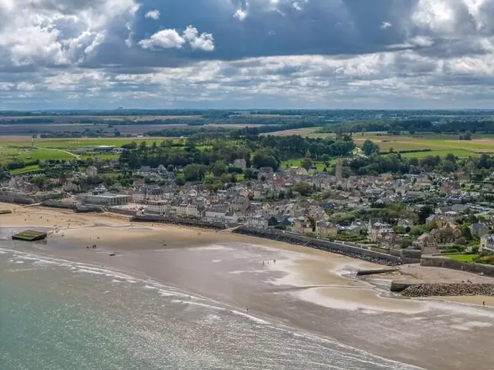 Framed Print : Aerial drone photo of Arromanches les Bains in Normandy France Framed Print : Aerial drone photo of Arromanches les Bains in Normandy France