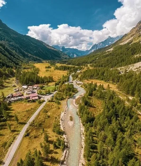 Framed Print : Aerial drone photo of a beautiful alpine valley Framed Print : Aerial drone photo of a beautiful alpine valley