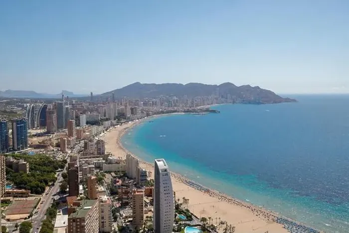 Framed Print : Aerial drone photo of the beautiful city of Benidorm in Spain showing the south beach Promenade and the hotels Framed Print : Aerial drone photo of the beautiful city of Benidorm in Spain showing the south beach Promenade and the hotels