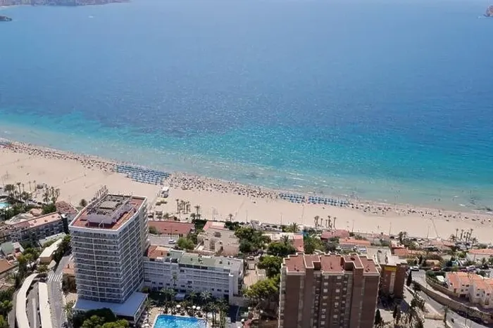 Framed Print : Aerial drone photo of the beautiful city of Benidorm in Spain showing the south beach Promenade and the hotels