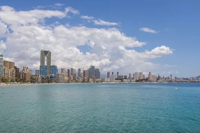 Framed Print : Aerial drone photo of the beautiful town of Benidorm in Spain showing the south beach Promenade golden sandy beach